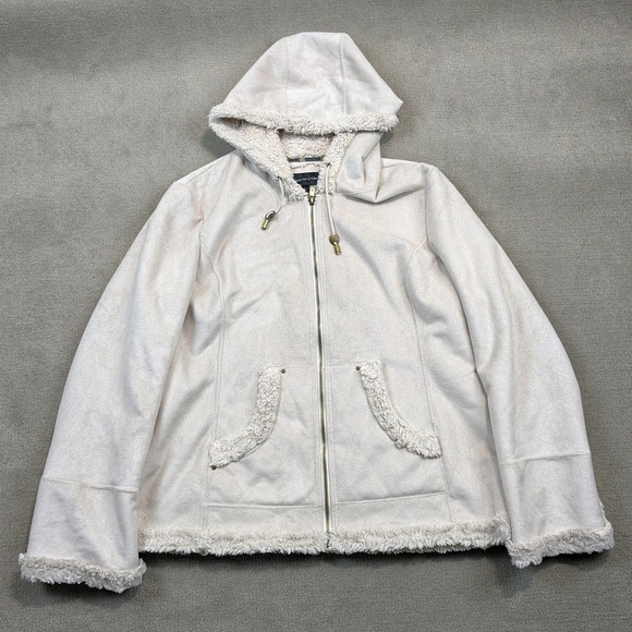 Jones New York Size L Women Cream Faux Suede Faux Fur Lined Hooded Zip Jacket — photo 2